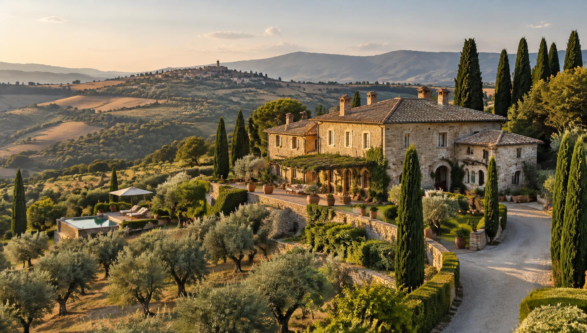 Villa toscana tra cipressi e colline al tramonto